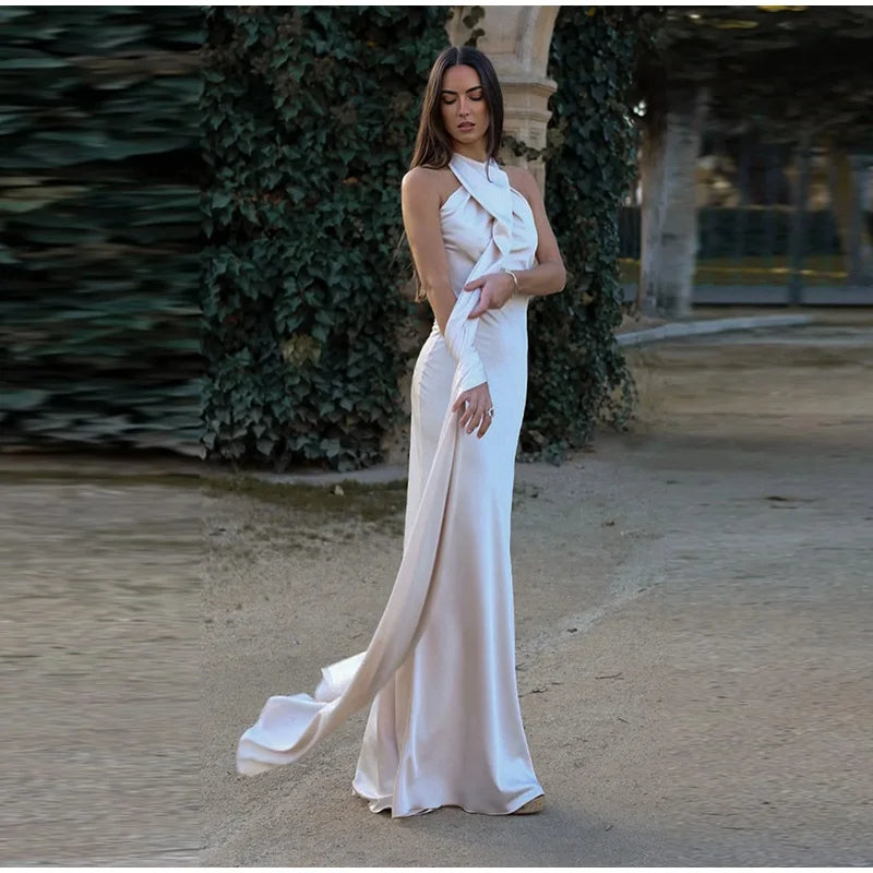 Elegant Ribbon Halter Dress Women Solid Off Shoulder Sleeveless Backless Slim Maxi Dresses 2025 Summer Autumn Party Robes Lady 2026 Vestido Elegante Para Ocasión Especial