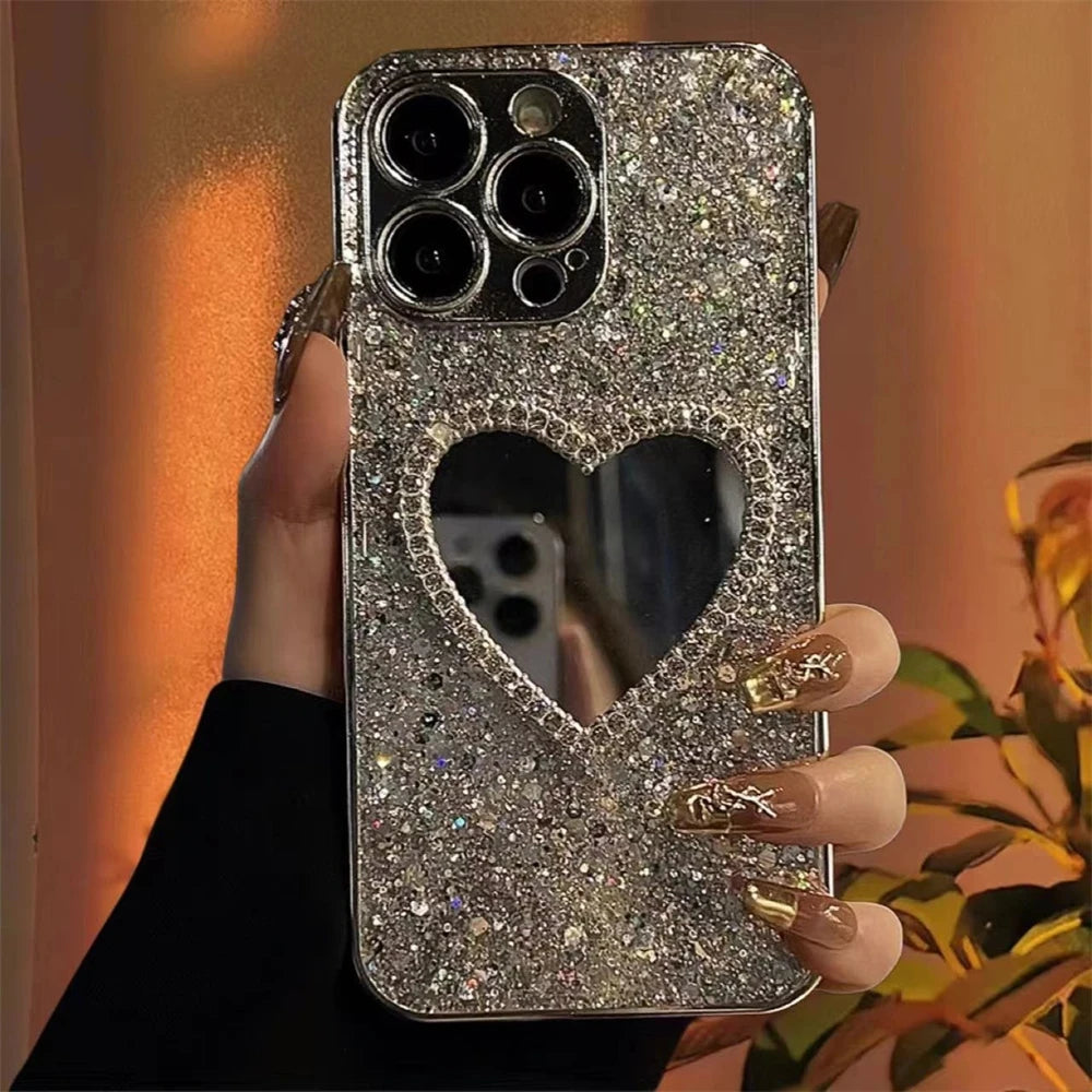 Luxury Bling Glitter Plating 3D Love Heart Mirror Sequins Case For iPhone 17 Air 16 14 15 13 12 11 Pro Max Lens Protection Cover 2026 Modern