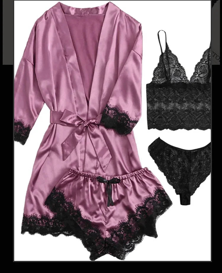 4 Pieces Woman Sleepwear Pajamas Ser With Robe Sexy Lace Lingerie Bathrobe Silk Satin Home Clothed Nightwear Robe. 2026