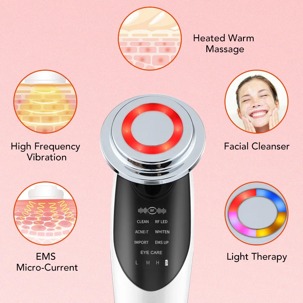 Masajeador Facial EMS 7 en 1 — Lifting Facial, Aclara la Piel, Limpieza Profunda, Infusión de Esencias, Máquina de Belleza para el Cuidado de la Piel.