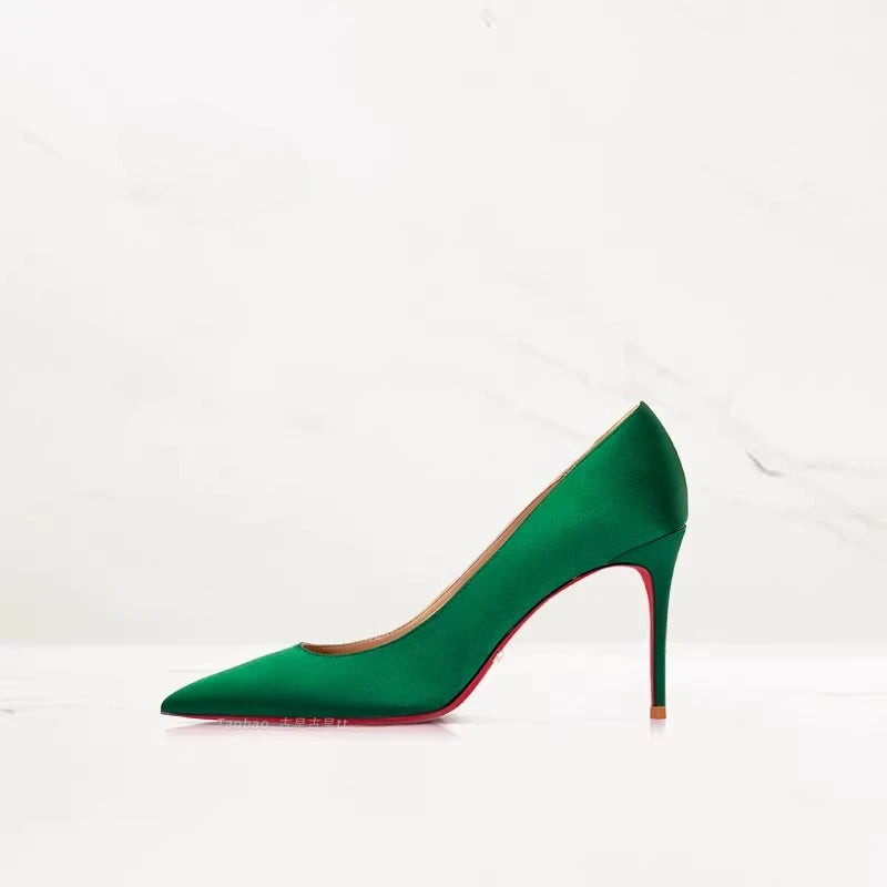 2025 Winter New High-heeled Shoes for Women, Green, Real Silk Satin, Thin Heel, Pointed Toe,Elegant,12cm,Single Shoes for Ladies 2026