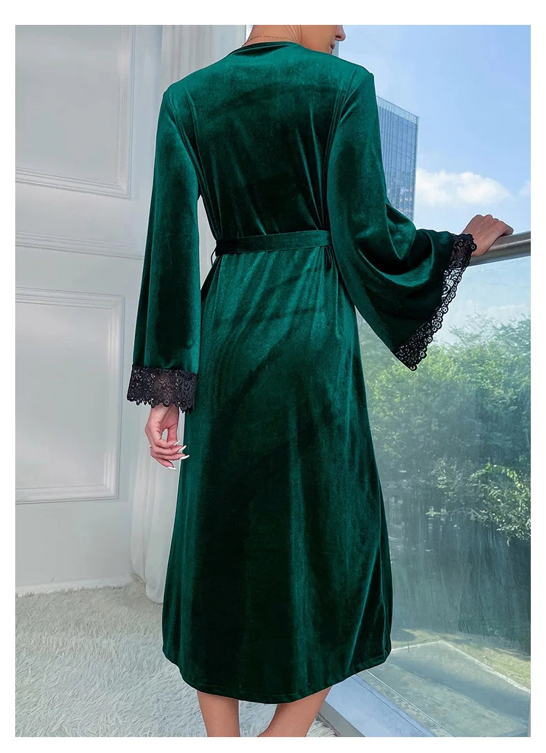 Sexy Lace Up Velour Long Robe Nightwear Women's Sleepwear Burgundy Kimono Bathrobe Gown Intimate Lingerie Autumn New Homewear 2026