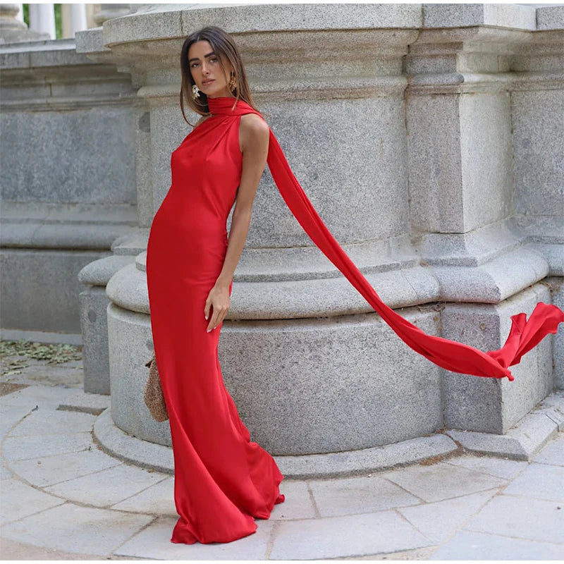 Elegant Ribbon Halter Dress Women Solid Off Shoulder Sleeveless Backless Slim Maxi Dresses 2025 Summer Autumn Party Robes Lady 2026 Vestido Elegante Para Ocasión Especial