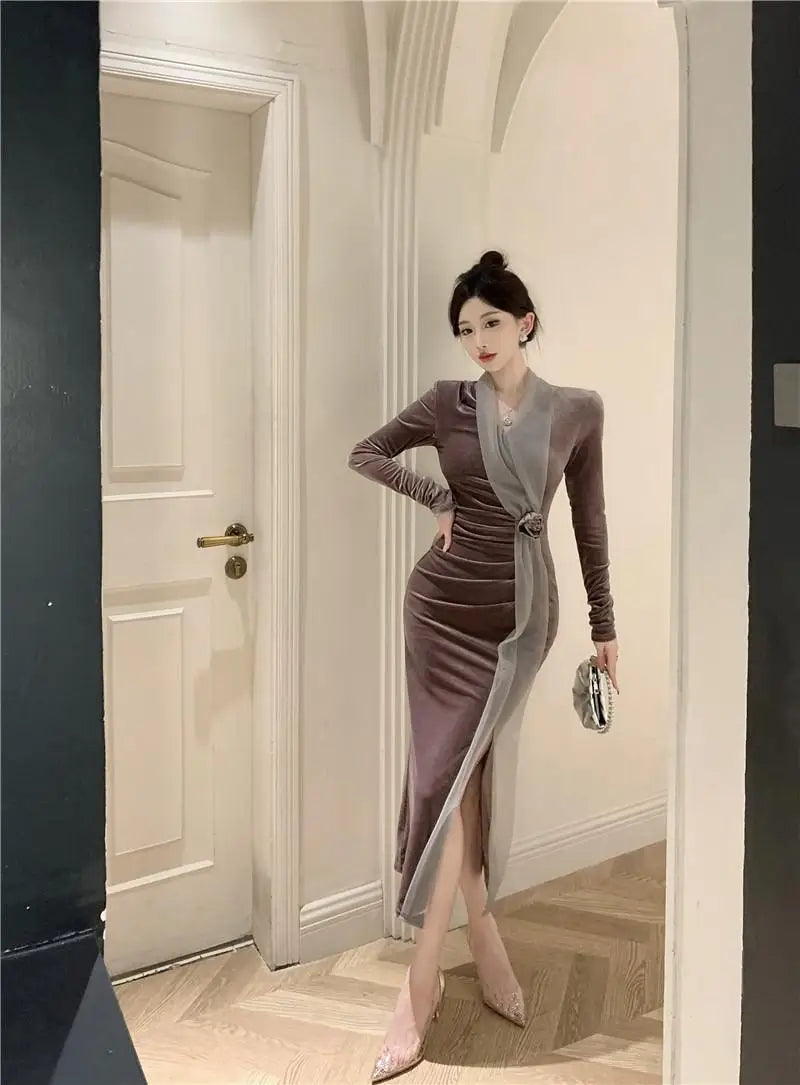 Women Vintage Velvet 3D Flower Ruched Sexy Split Elegant Party Dresses Y2K Winter V Neck Long Sleeve Bodycon Midi Dress Vestidos 2026