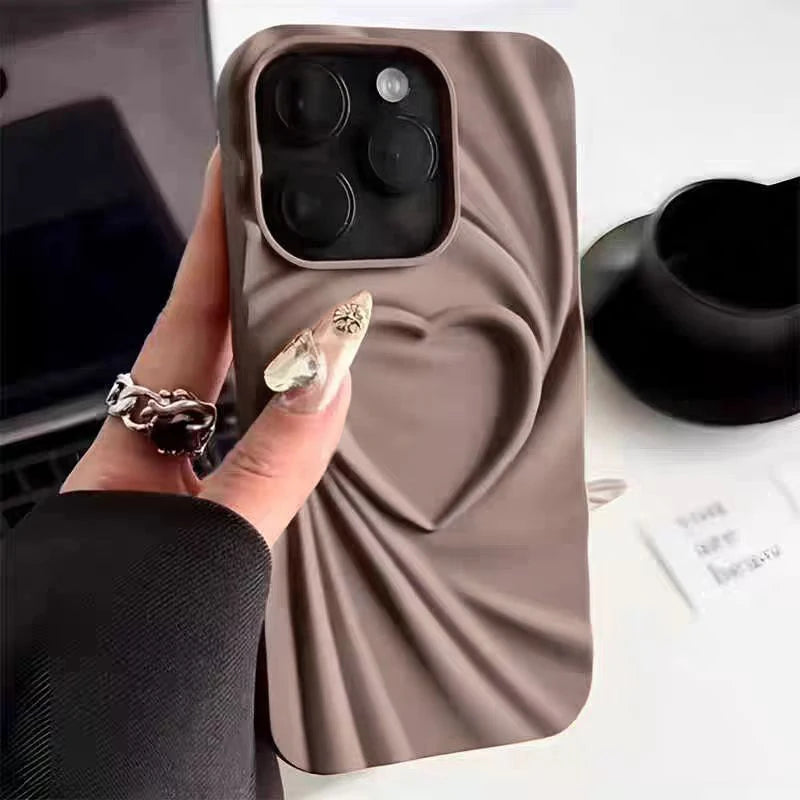 Fashion Fold Wrinkle 3D Love Heart Phone Case For iPhone 13 14 15 Pro Max 16 Plus 11 12 17 ProMax Soft Matte Silicone Full Cover 2026 Modern and Exclusive