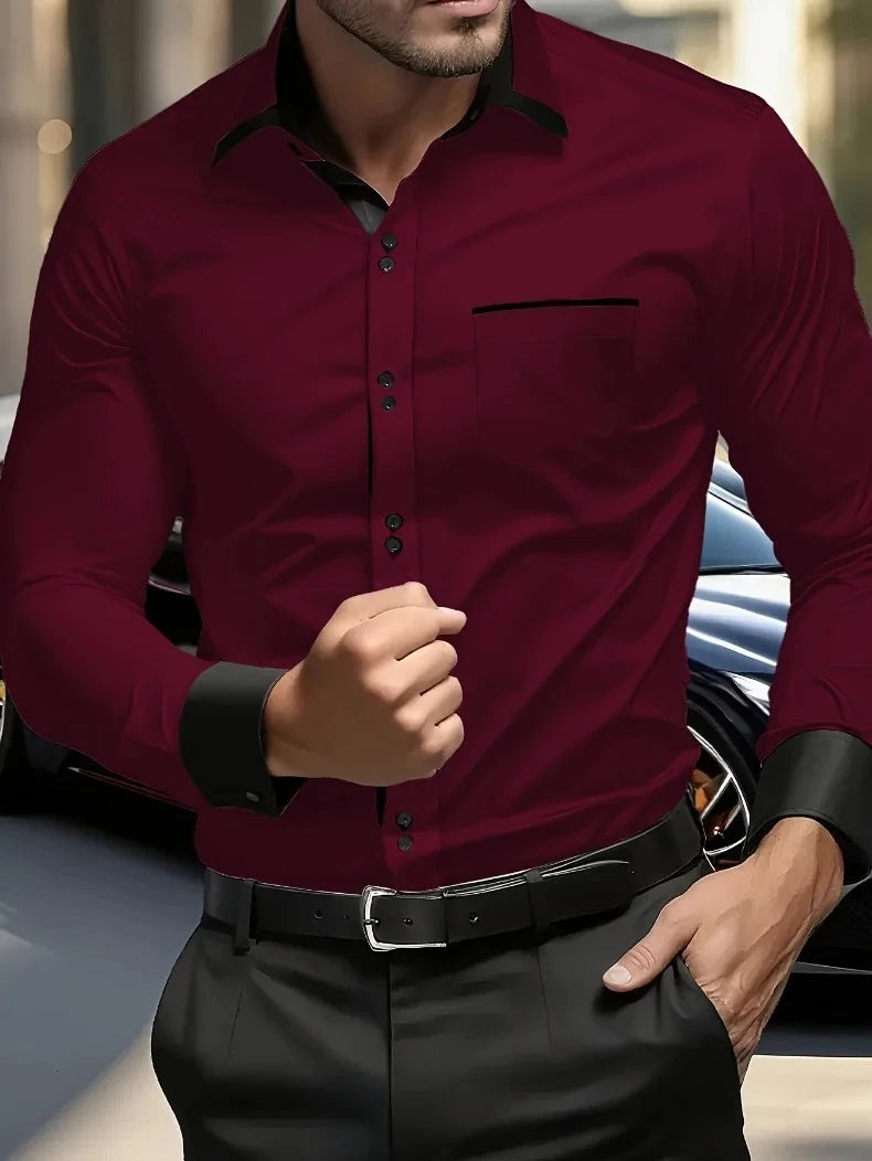 Fashionable men's shirts, men's business casual long sleeved shirts, English style double button shirts, thin collared vacation. Camisa Extra Elastizada. 2026. Elegantes y Casual