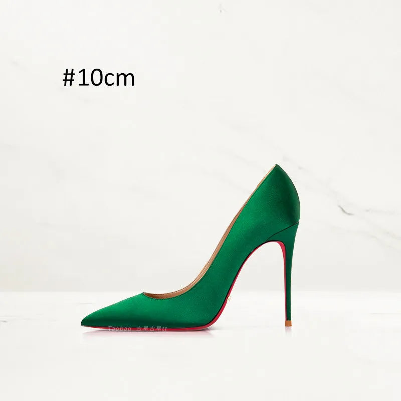 2025 Winter New High-heeled Shoes for Women, Green, Real Silk Satin, Thin Heel, Pointed Toe,Elegant,12cm,Single Shoes for Ladies 2026