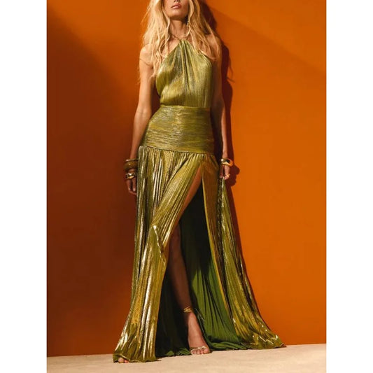 Luxurious Women Corset Party Cocktail Dress Sexy Off Shoulder Halter Folds Slit Guest Celebrity Long Dress Celebrity Prom Gown 2026 GOLD FASHION. VESTIDO PARA OCASION ELEGANTE