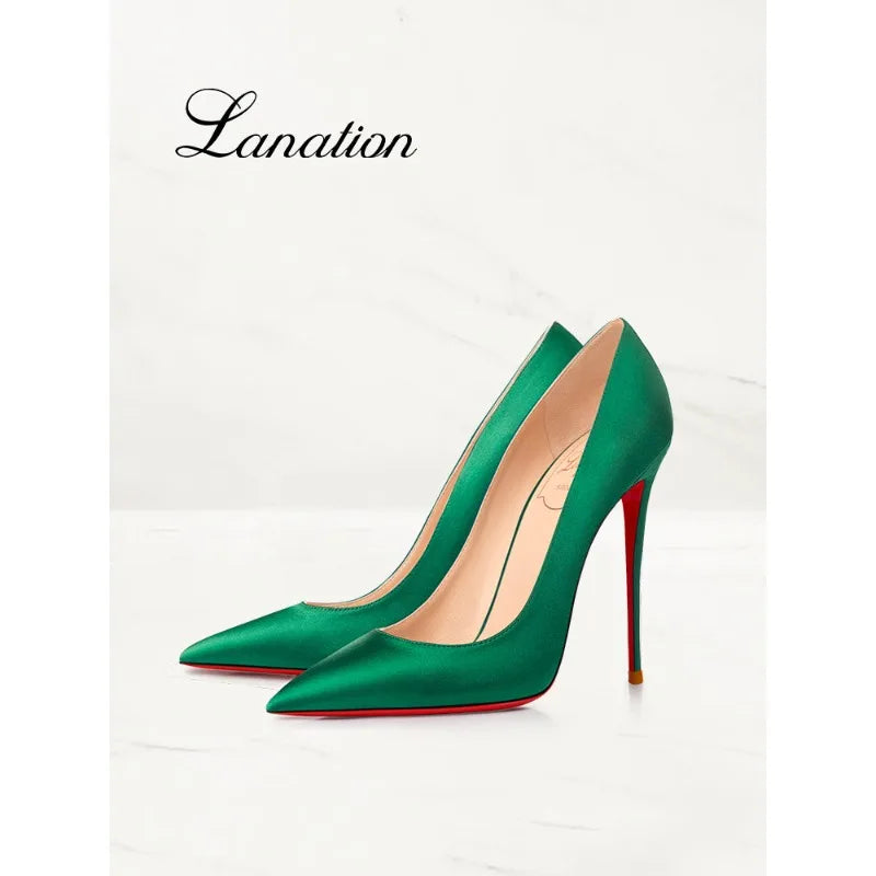 2025 Winter New High-heeled Shoes for Women, Green, Real Silk Satin, Thin Heel, Pointed Toe,Elegant,12cm,Single Shoes for Ladies 2026
