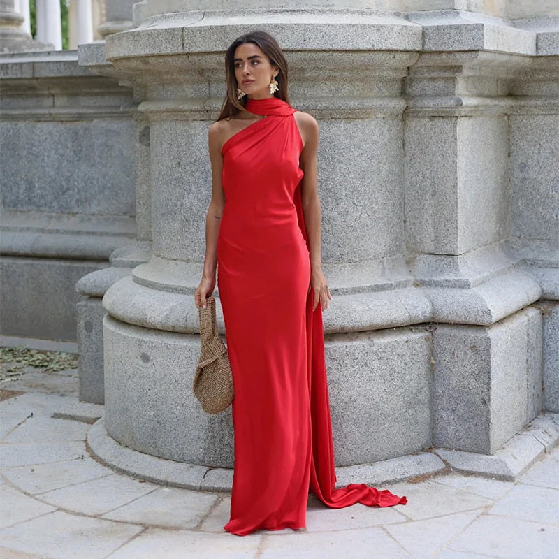 Elegant Ribbon Halter Dress Women Solid Off Shoulder Sleeveless Backless Slim Maxi Dresses 2025 Summer Autumn Party Robes Lady 2026 Vestido Elegante Para Ocasión Especial