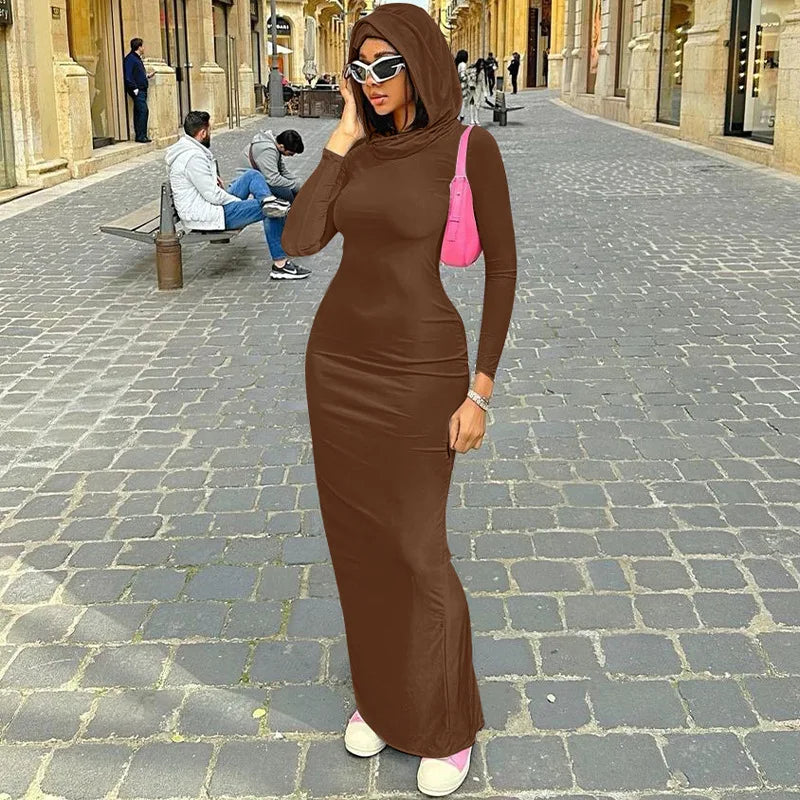 Hooded Long Dress For Women Y2k Clothes Sexy Streetwear Long Sleeve Bodycon Vestidos De Mujer Solid Robe Femme Été Back Split Diva 2026