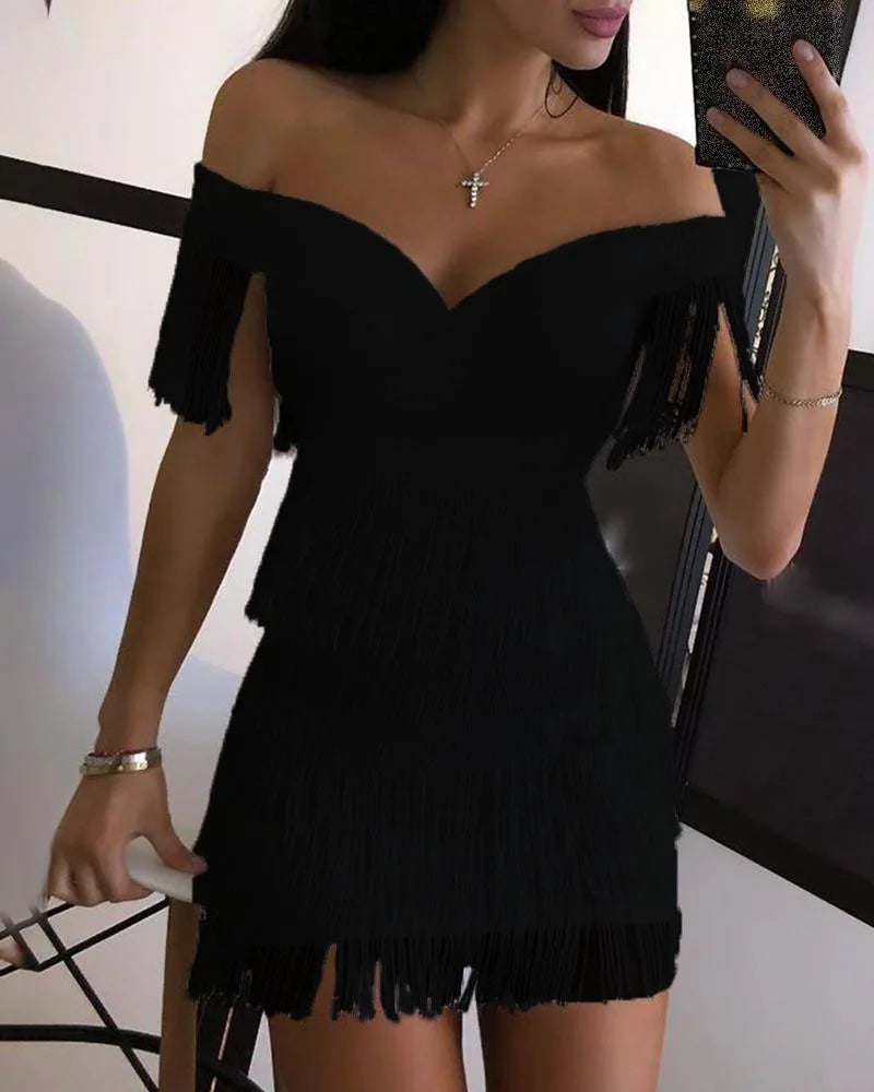 Women Evening Dresses Sexy Big V Neck One-shoulder Fringed Skirt Ladies Temperament Slim Dress Short Sleeve Club Dress Vestidos 2026 Casual Drew