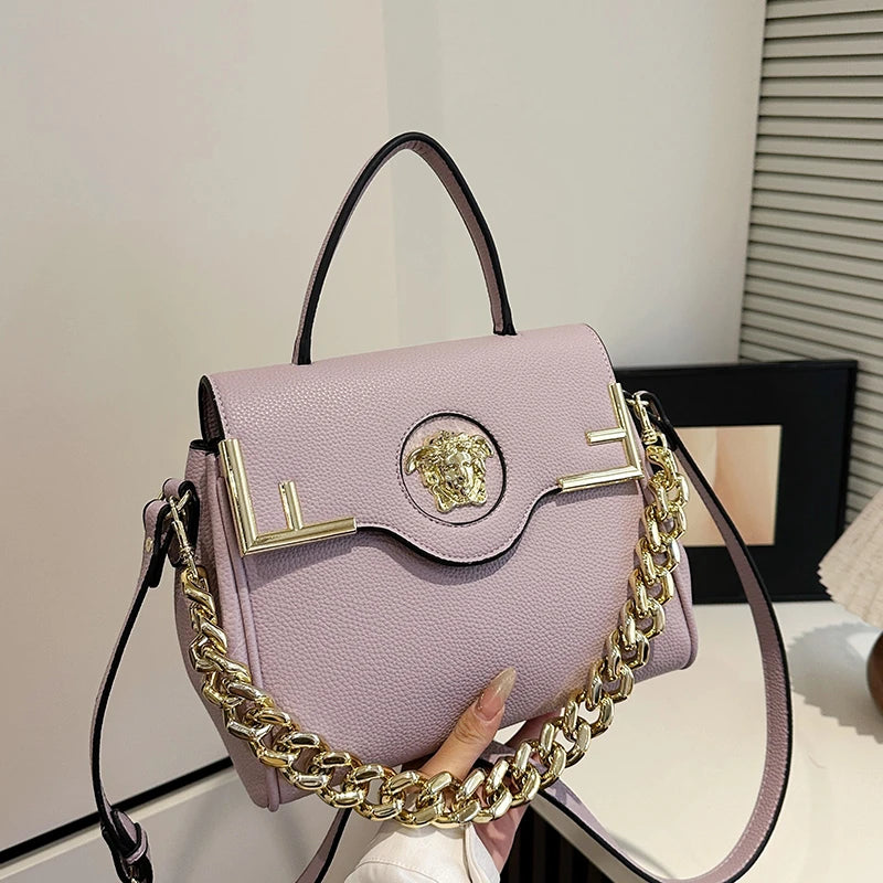 Chic Luxe Medusa-Inspired Handbag Leather-Texture PU Large Capacity Flap Magnetic Chain Adjustable Strap Crossbody Bag for Daily 2026