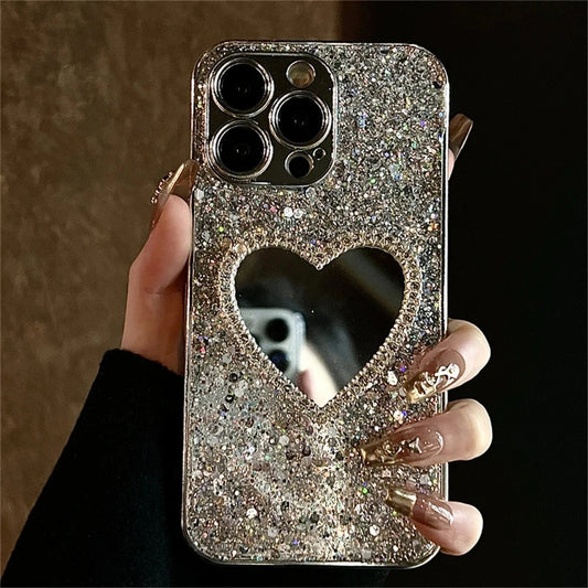 Luxury Bling Glitter Plating 3D Love Heart Mirror Sequins Case For iPhone 17 Air 16 14 15 13 12 11 Pro Max Lens Protection Cover 2026 Modern