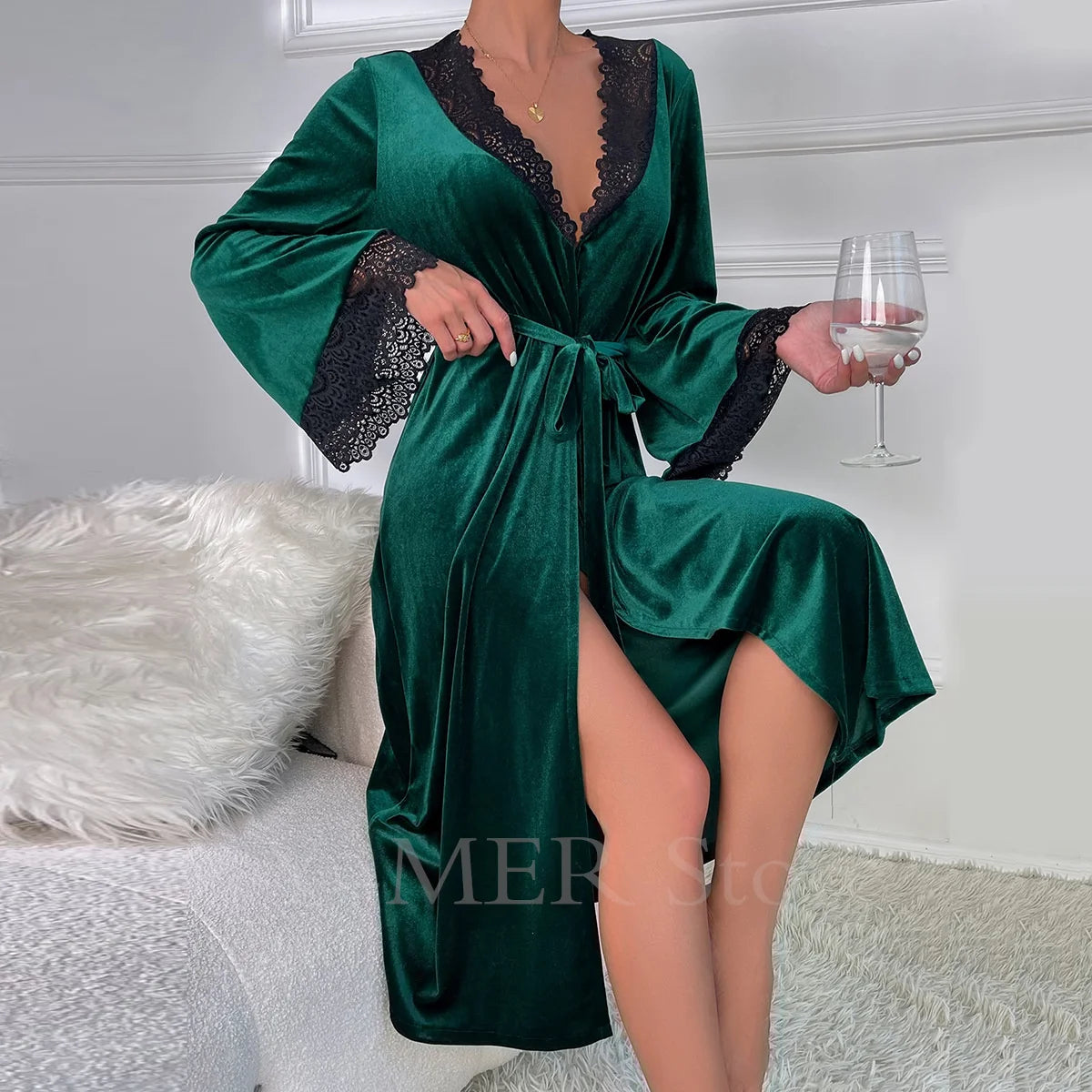 Sexy Lace Up Velour Long Robe Nightwear Women's Sleepwear Burgundy Kimono Bathrobe Gown Intimate Lingerie Autumn New Homewear 2026