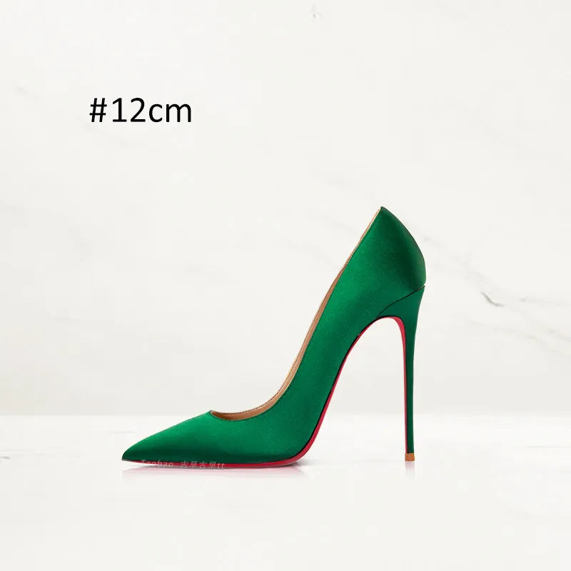 2025 Winter New High-heeled Shoes for Women, Green, Real Silk Satin, Thin Heel, Pointed Toe,Elegant,12cm,Single Shoes for Ladies 2026