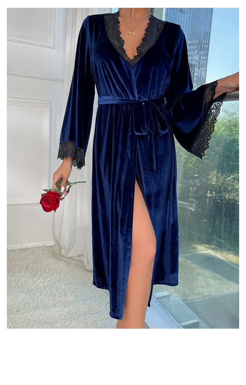 Sexy Lace Up Velour Long Robe Nightwear Women's Sleepwear Burgundy Kimono Bathrobe Gown Intimate Lingerie Autumn New Homewear 2026