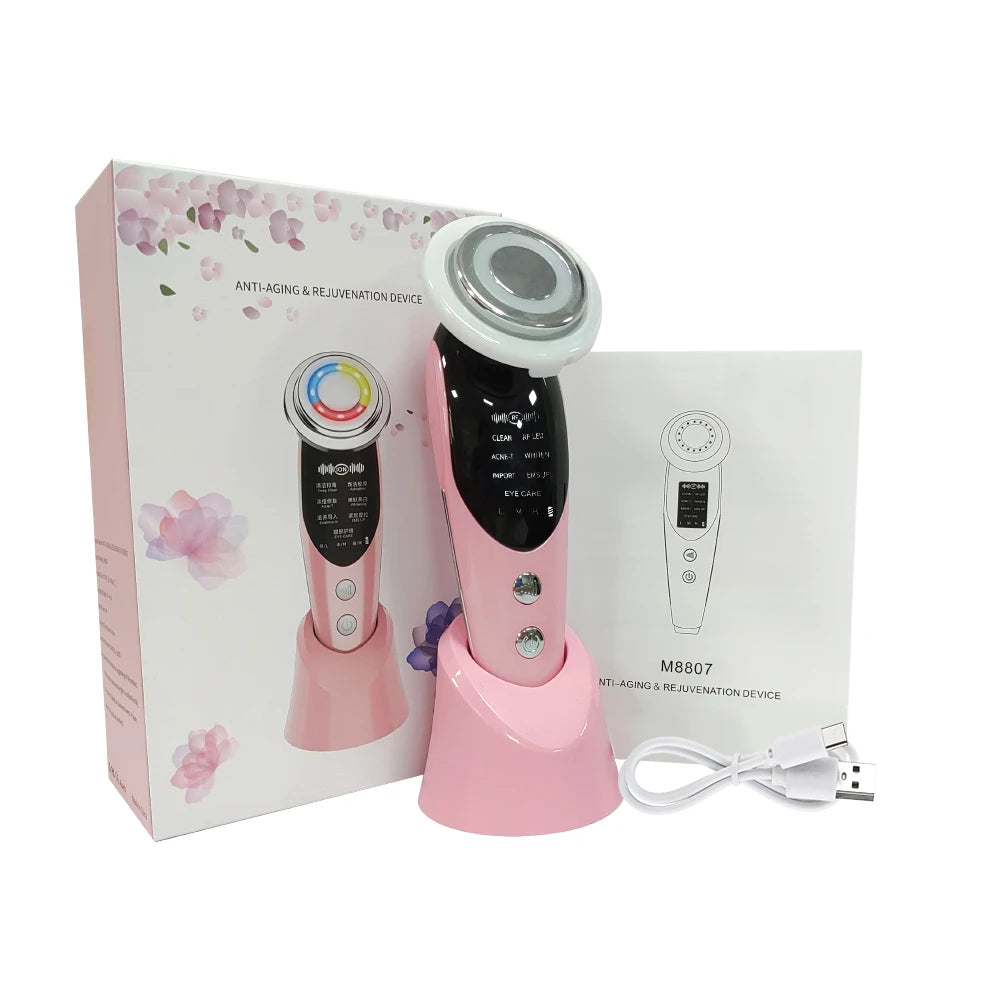 Masajeador Facial EMS 7 en 1 — Lifting Facial, Aclara la Piel, Limpieza Profunda, Infusión de Esencias, Máquina de Belleza para el Cuidado de la Piel.