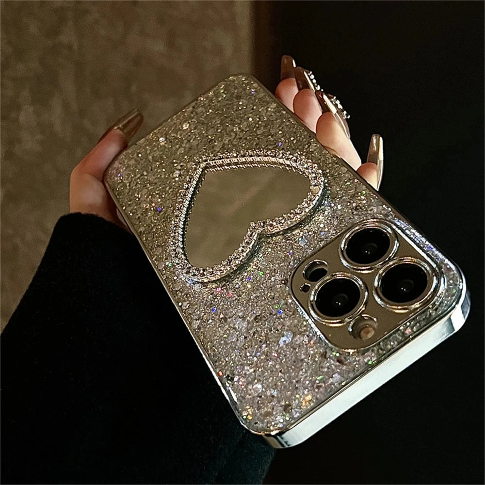Luxury Bling Glitter Plating 3D Love Heart Mirror Sequins Case For iPhone 17 Air 16 14 15 13 12 11 Pro Max Lens Protection Cover 2026 Modern