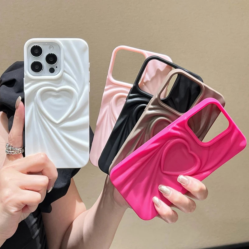 Fashion Fold Wrinkle 3D Love Heart Phone Case For iPhone 13 14 15 Pro Max 16 Plus 11 12 17 ProMax Soft Matte Silicone Full Cover 2026 Modern and Exclusive