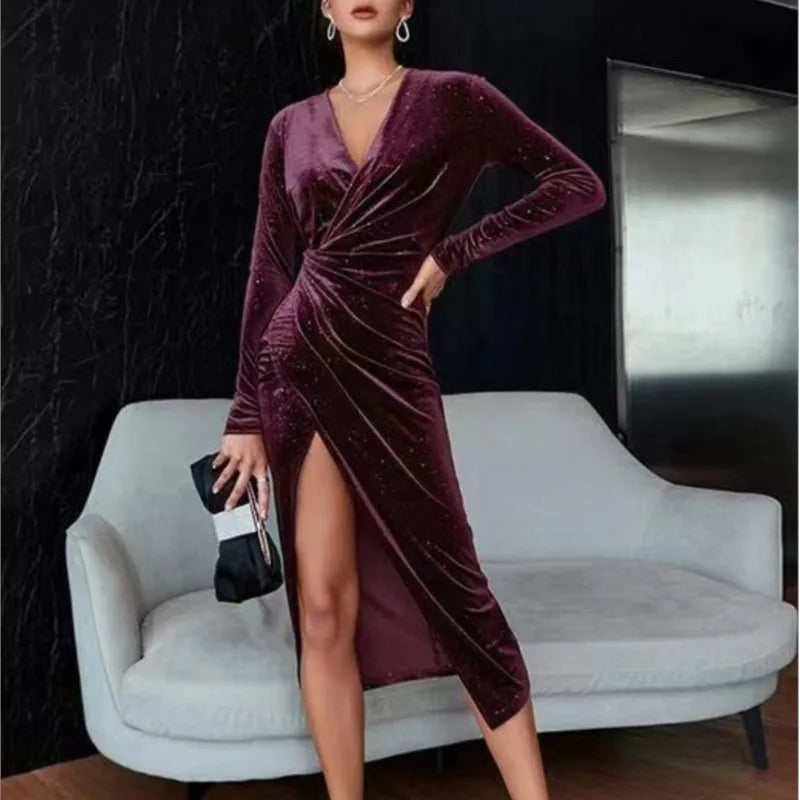 Temperament Prom Dress Vestidos Dresses 2025 Woman Vestido Femininos Elegant Sexy Banquet V-neck Slim Long Sleeves Solid Color 2026