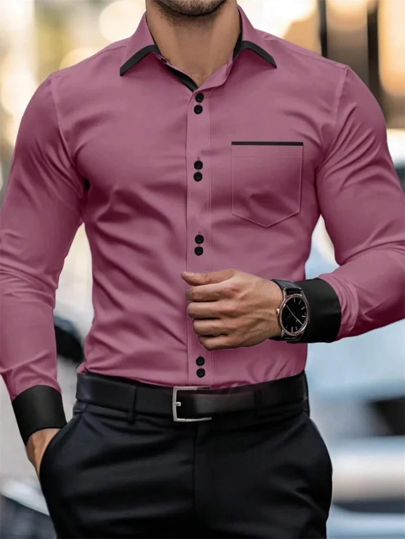 Fashionable men's shirts, men's business casual long sleeved shirts, English style double button shirts, thin collared vacation. Camisa Extra Elastizada. 2026. Elegantes y Casual