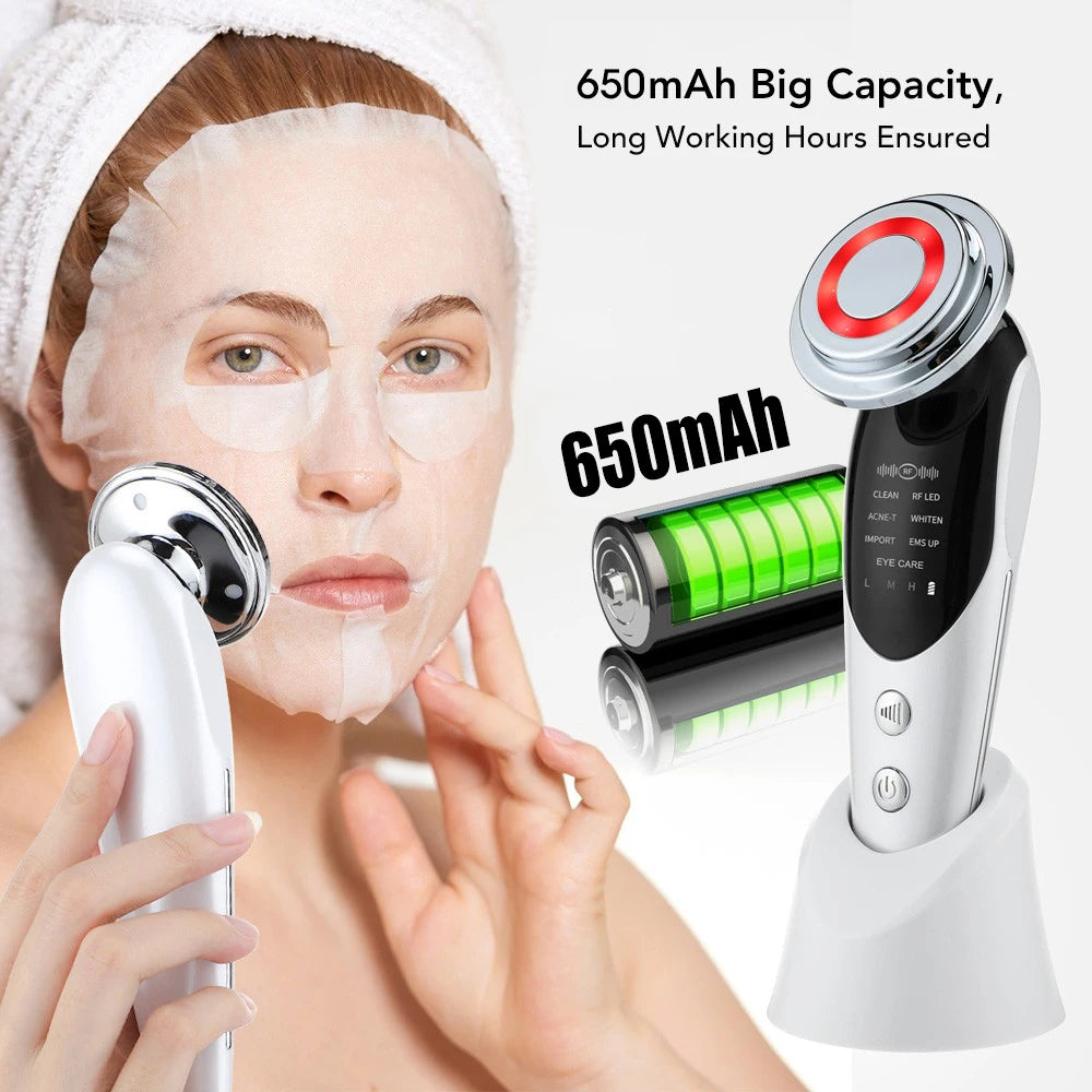 Masajeador Facial EMS 7 en 1 — Lifting Facial, Aclara la Piel, Limpieza Profunda, Infusión de Esencias, Máquina de Belleza para el Cuidado de la Piel.