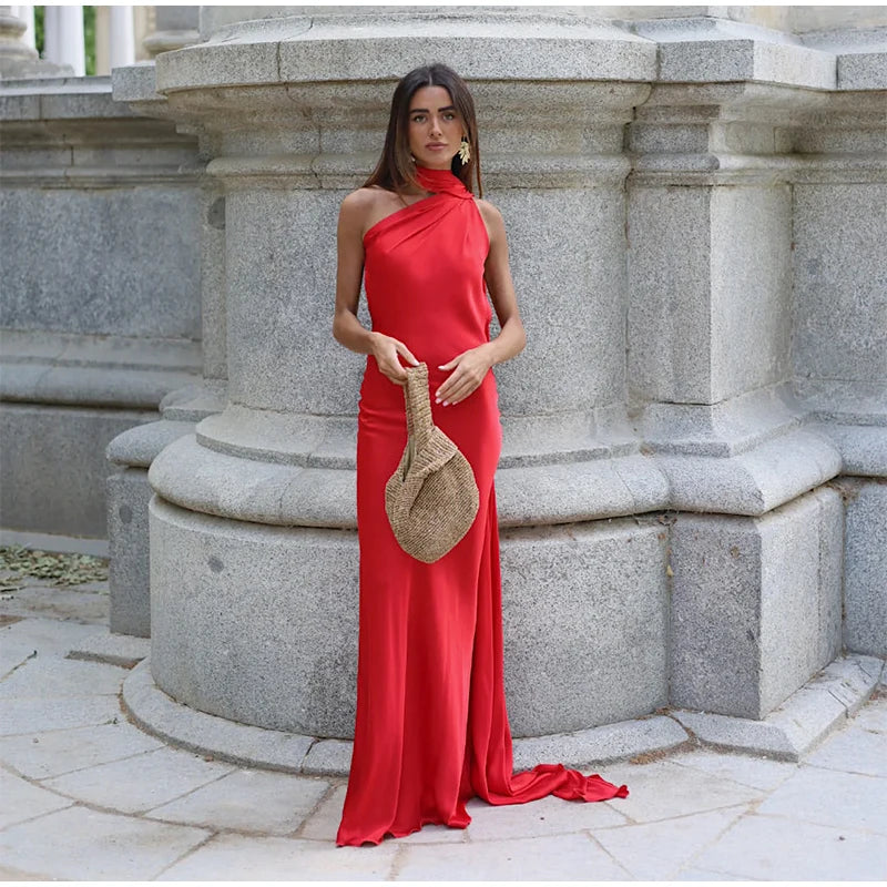 Elegant Ribbon Halter Dress Women Solid Off Shoulder Sleeveless Backless Slim Maxi Dresses 2025 Summer Autumn Party Robes Lady 2026 Vestido Elegante Para Ocasión Especial