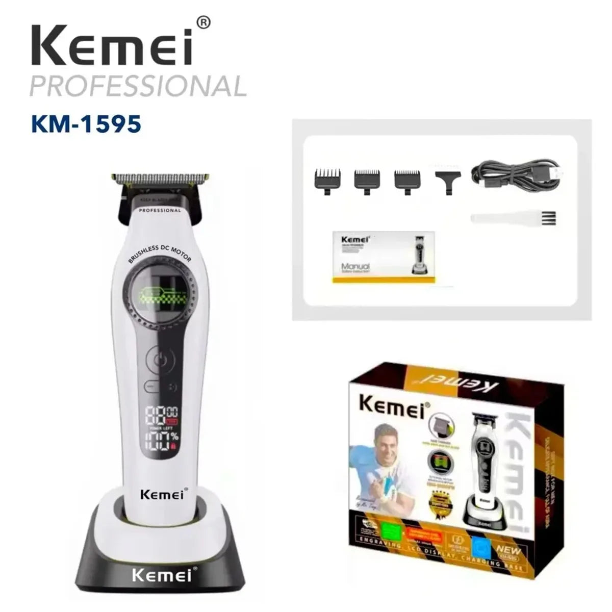 Kemei 1593 1595 Hair Trimmers Professional Barber Hair Clippers F1 -Super Engine External Brushless Motor Hair Cutting Machine 2026