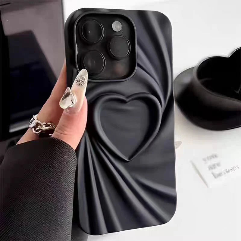 Fashion Fold Wrinkle 3D Love Heart Phone Case For iPhone 13 14 15 Pro Max 16 Plus 11 12 17 ProMax Soft Matte Silicone Full Cover 2026 Modern and Exclusive