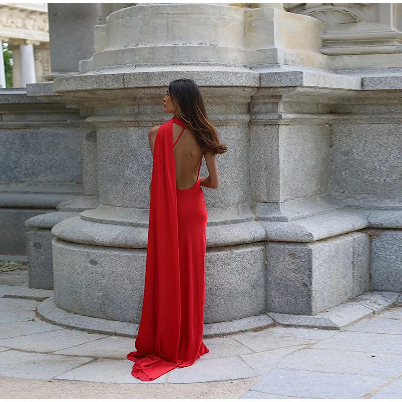 Elegant Ribbon Halter Dress Women Solid Off Shoulder Sleeveless Backless Slim Maxi Dresses 2025 Summer Autumn Party Robes Lady 2026 Vestido Elegante Para Ocasión Especial