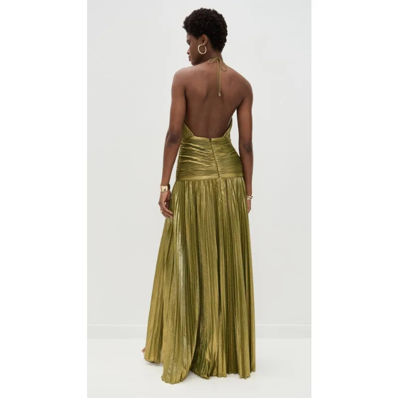 Luxurious Women Corset Party Cocktail Dress Sexy Off Shoulder Halter Folds Slit Guest Celebrity Long Dress Celebrity Prom Gown 2026 GOLD FASHION. VESTIDO PARA OCASION ELEGANTE