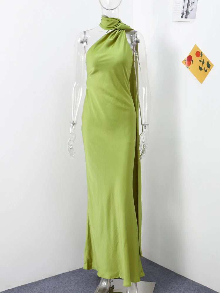 Elegant Ribbon Halter Dress Women Solid Off Shoulder Sleeveless Backless Slim Maxi Dresses 2025 Summer Autumn Party Robes Lady 2026 Vestido Elegante Para Ocasión Especial