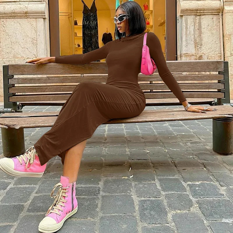 Hooded Long Dress For Women Y2k Clothes Sexy Streetwear Long Sleeve Bodycon Vestidos De Mujer Solid Robe Femme Été Back Split Diva 2026