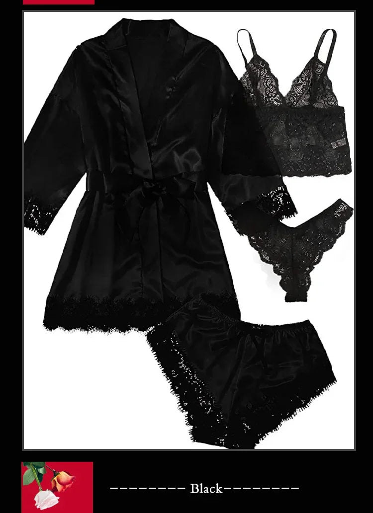 4 Pieces Woman Sleepwear Pajamas Ser With Robe Sexy Lace Lingerie Bathrobe Silk Satin Home Clothed Nightwear Robe. 2026