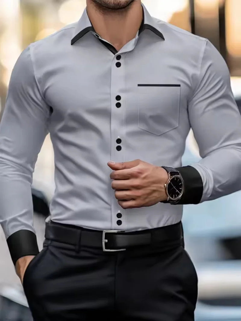 Fashionable men's shirts, men's business casual long sleeved shirts, English style double button shirts, thin collared vacation. Camisa Extra Elastizada. 2026. Elegantes y Casual