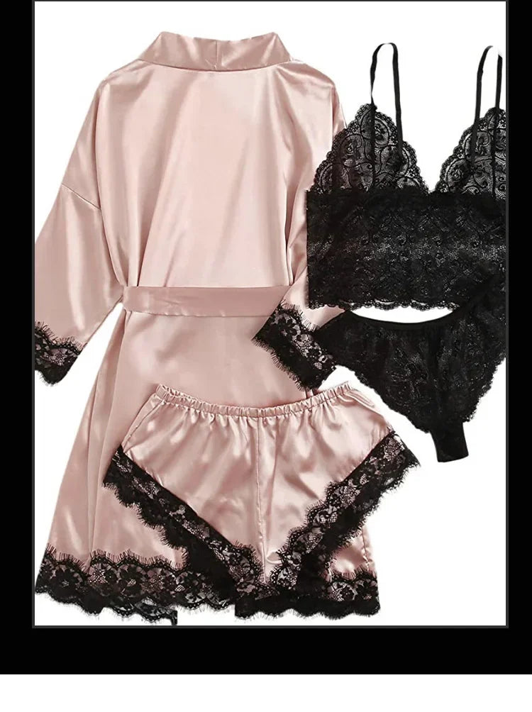 4 Pieces Woman Sleepwear Pajamas Ser With Robe Sexy Lace Lingerie Bathrobe Silk Satin Home Clothed Nightwear Robe. 2026