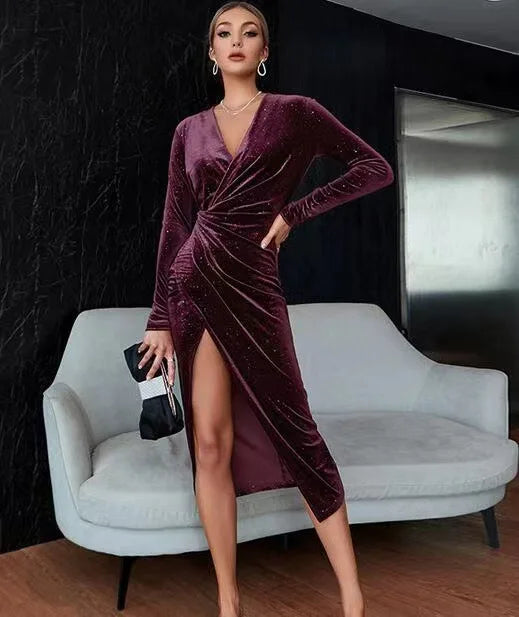 Temperament Prom Dress Vestidos Dresses 2025 Woman Vestido Femininos Elegant Sexy Banquet V-neck Slim Long Sleeves Solid Color 2026