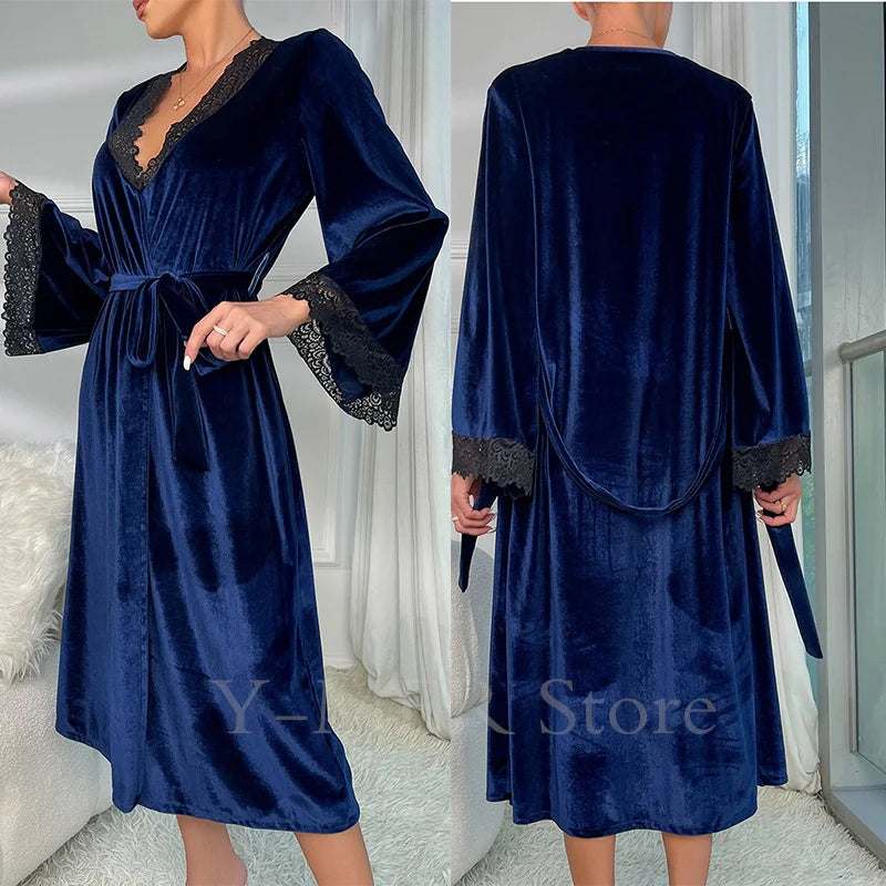 Sexy Lace Up Velour Long Robe Nightwear Women's Sleepwear Burgundy Kimono Bathrobe Gown Intimate Lingerie Autumn New Homewear 2026