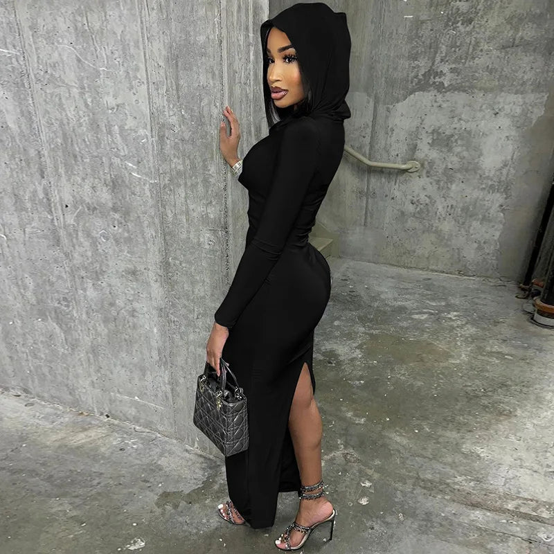 Hooded Long Dress For Women Y2k Clothes Sexy Streetwear Long Sleeve Bodycon Vestidos De Mujer Solid Robe Femme Été Back Split Diva 2026