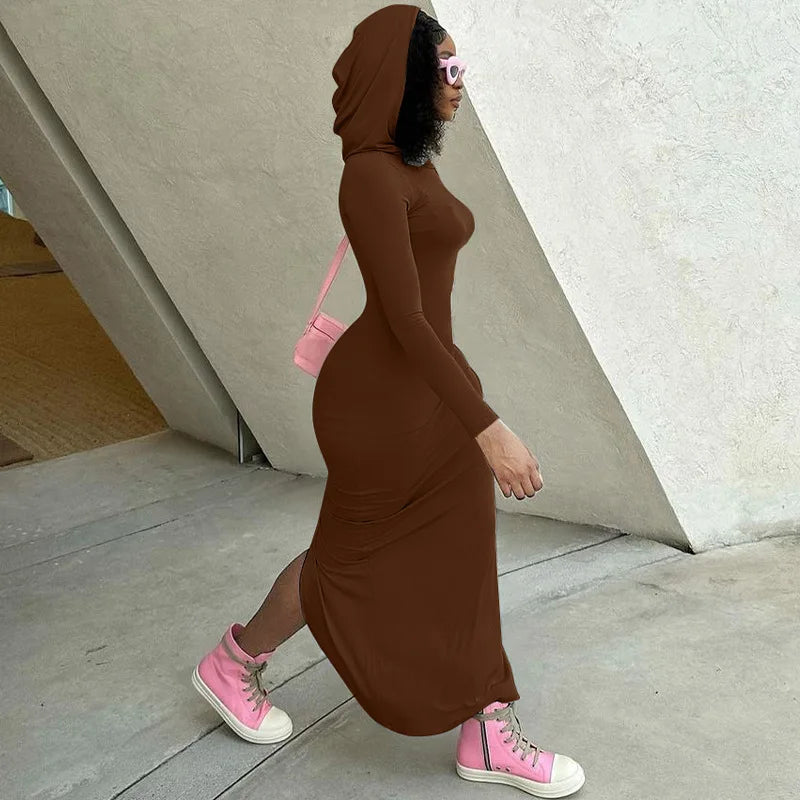 Hooded Long Dress For Women Y2k Clothes Sexy Streetwear Long Sleeve Bodycon Vestidos De Mujer Solid Robe Femme Été Back Split Diva 2026