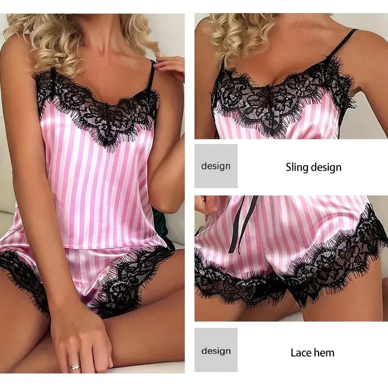 Two Piece Summer Ice Silk Women's V-Neck Sexy Lace Suspender Pajama Shorts Set Casual Women's Sleeveless Sexy  Homewear