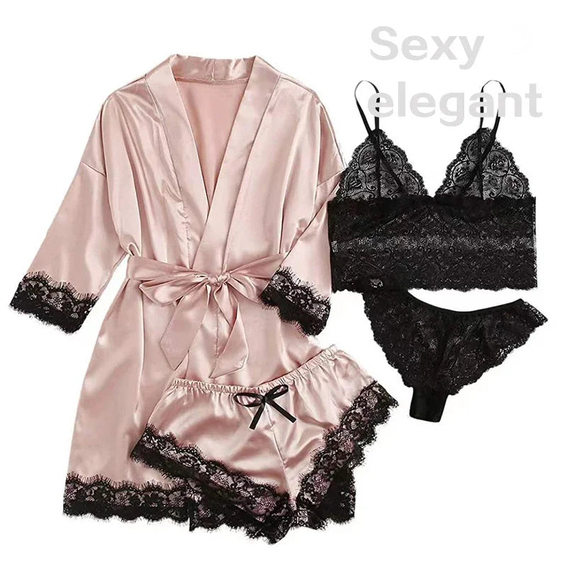 4 Pieces Woman Sleepwear Pajamas Ser With Robe Sexy Lace Lingerie Bathrobe Silk Satin Home Clothed Nightwear Robe. 2026