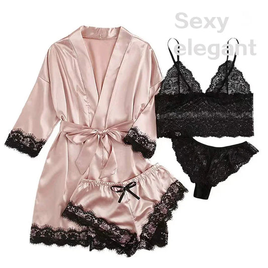 4 Pieces Woman Sleepwear Pajamas Ser With Robe Sexy Lace Lingerie Bathrobe Silk Satin Home Clothed Nightwear Robe. 2026