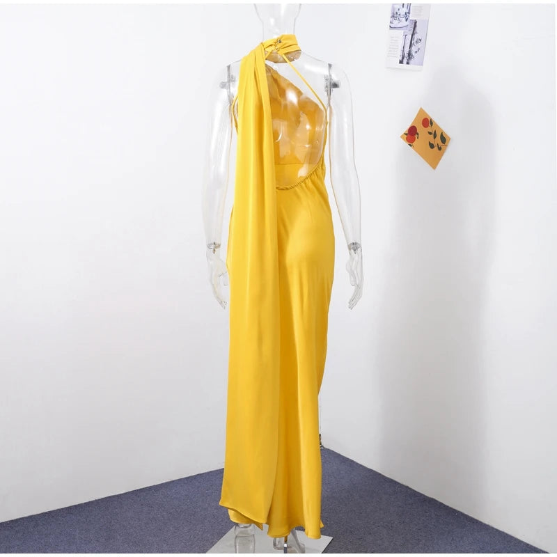 Elegant Ribbon Halter Dress Women Solid Off Shoulder Sleeveless Backless Slim Maxi Dresses 2025 Summer Autumn Party Robes Lady 2026 Vestido Elegante Para Ocasión Especial