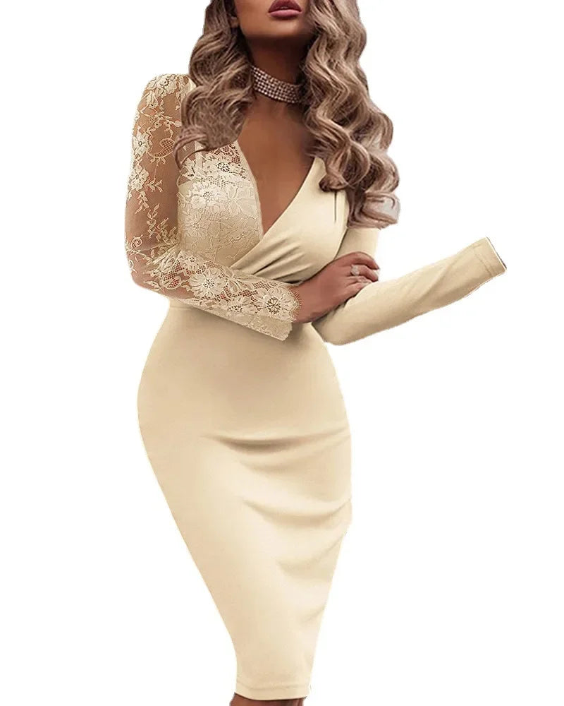 Evening Dresses for Women Spring Autumn Elegant Sexy Bodycon Dress Deep V-neck Long Sleeve Lace Formal Party Prom Gowns Vestidos 2026
