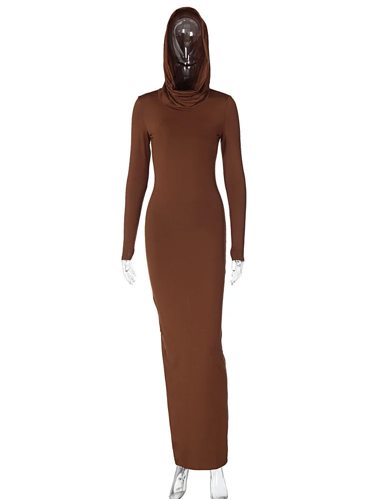 Hooded Long Dress For Women Y2k Clothes Sexy Streetwear Long Sleeve Bodycon Vestidos De Mujer Solid Robe Femme Été Back Split Diva 2026