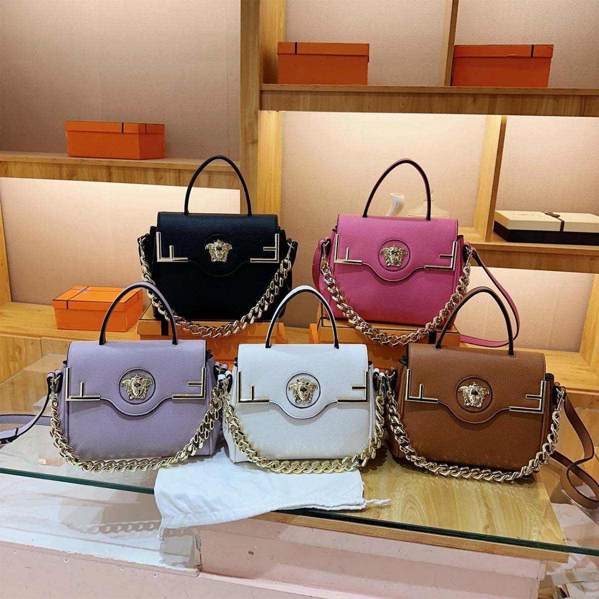 Chic Luxe Medusa-Inspired Handbag Leather-Texture PU Large Capacity Flap Magnetic Chain Adjustable Strap Crossbody Bag for Daily 2026