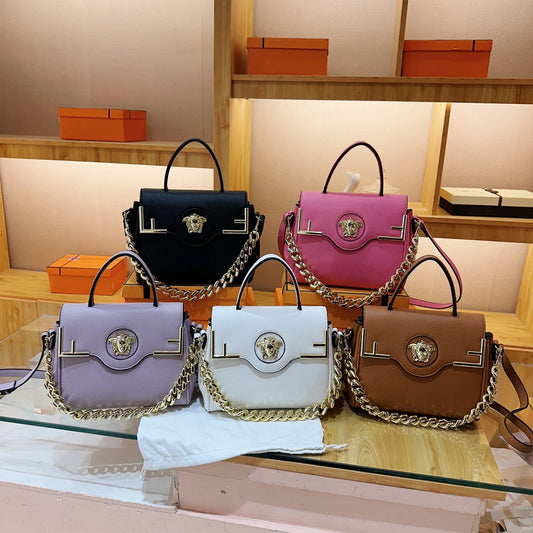 Chic Luxe Medusa-Inspired Handbag Leather-Texture PU Large Capacity Flap Magnetic Chain Adjustable Strap Crossbody Bag for Daily 2026
