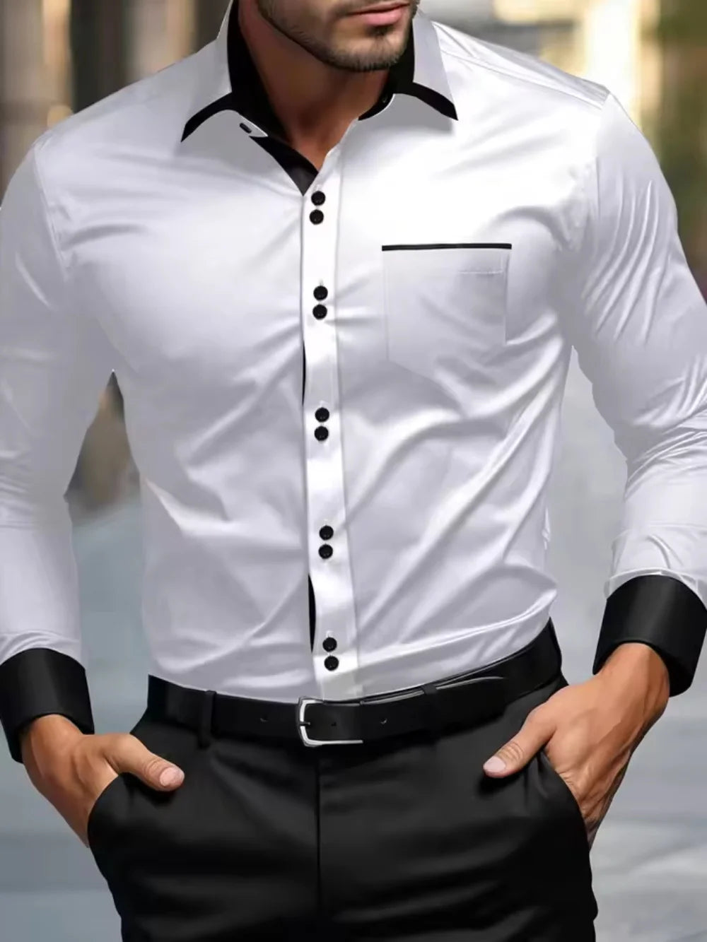Fashionable men's shirts, men's business casual long sleeved shirts, English style double button shirts, thin collared vacation. Camisa Extra Elastizada. 2026. Elegantes y Casual